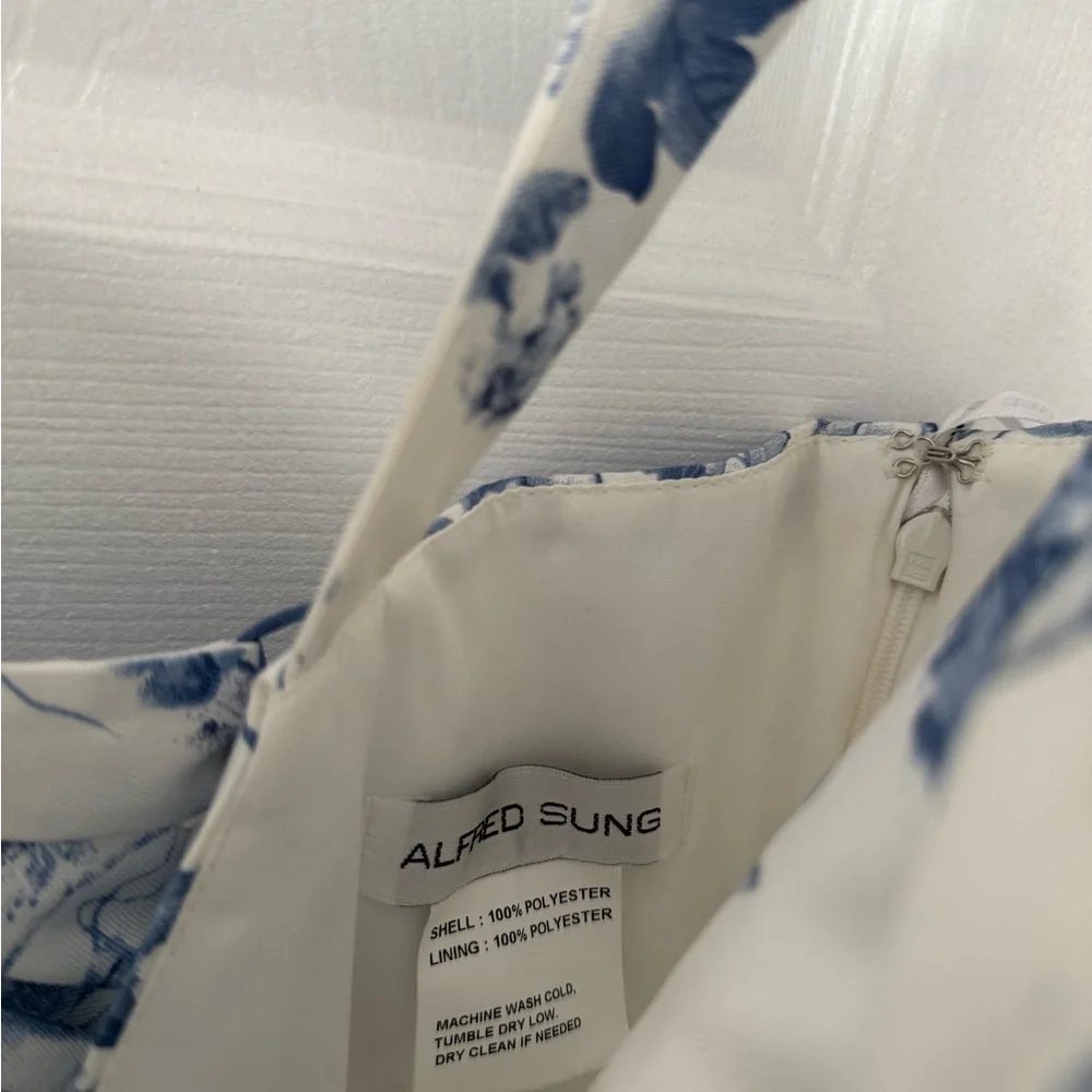 ALFRED SUNG Blue Floral Lace Up A-Line Gown - Picture 15 of 16